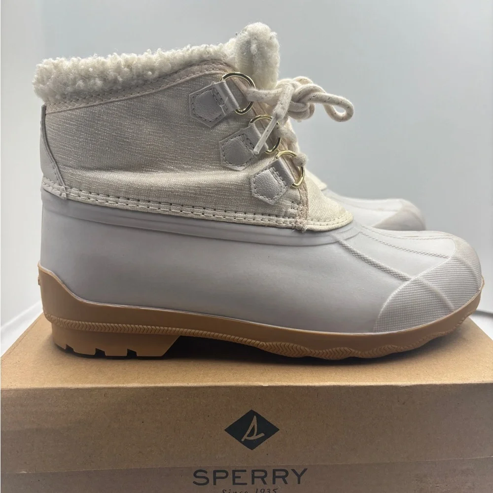 Sperry Port Alpine Cream Boots rain faux fur shimmer Girls 5